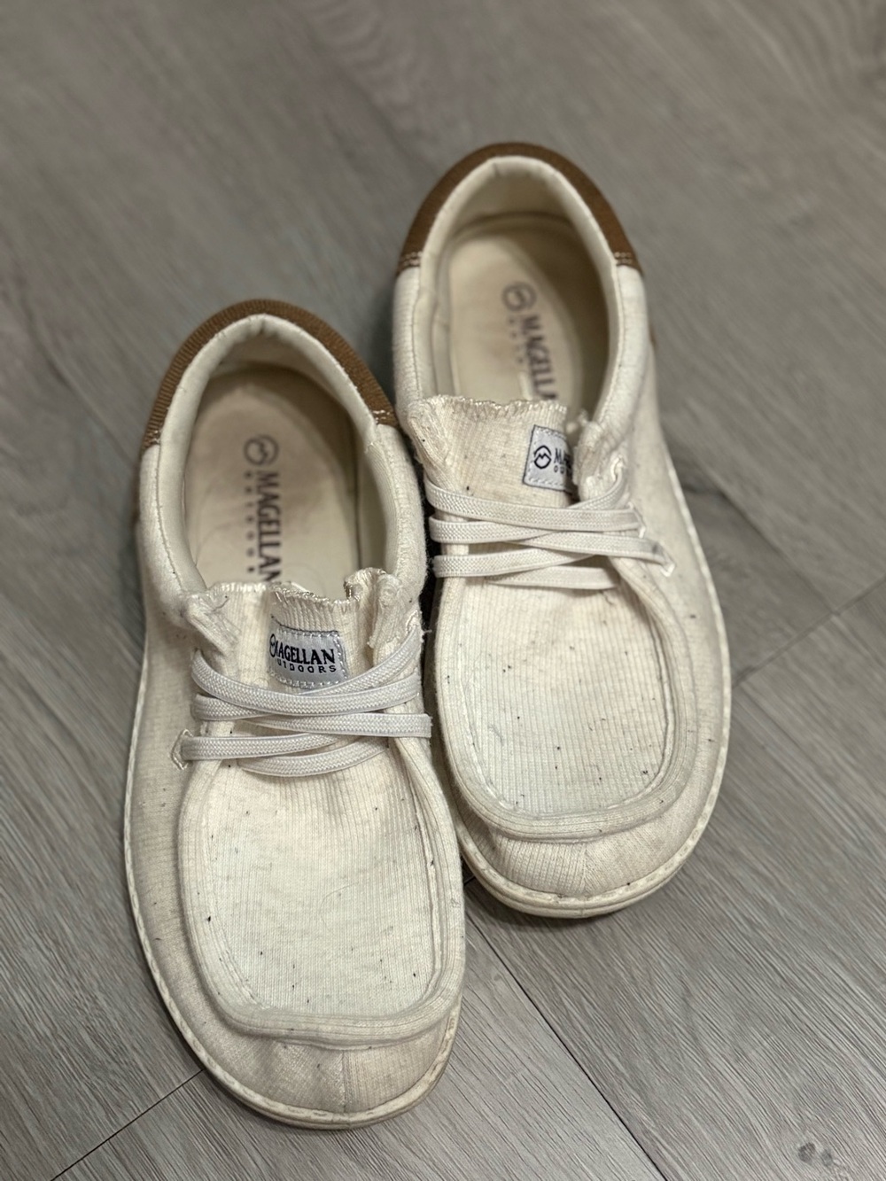 Magellan Outdoors Women’s Canvas Sneakers in Cream with Brown Heel